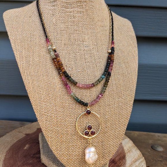 Tourmaline Garnet Gold Filled Vermeil Two strand Necklace FREE SHIPPING - Picture 6 of 8